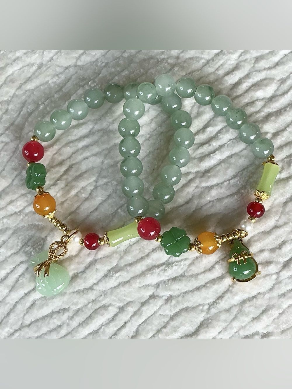 Aqua Beaded Stretch Bracelets with Gold accents - Cute Charms (Pair)